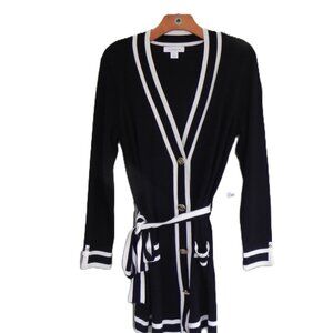 NWT Liz Claiborne Women's Black & White Button Front Cardigan Belted Sweater